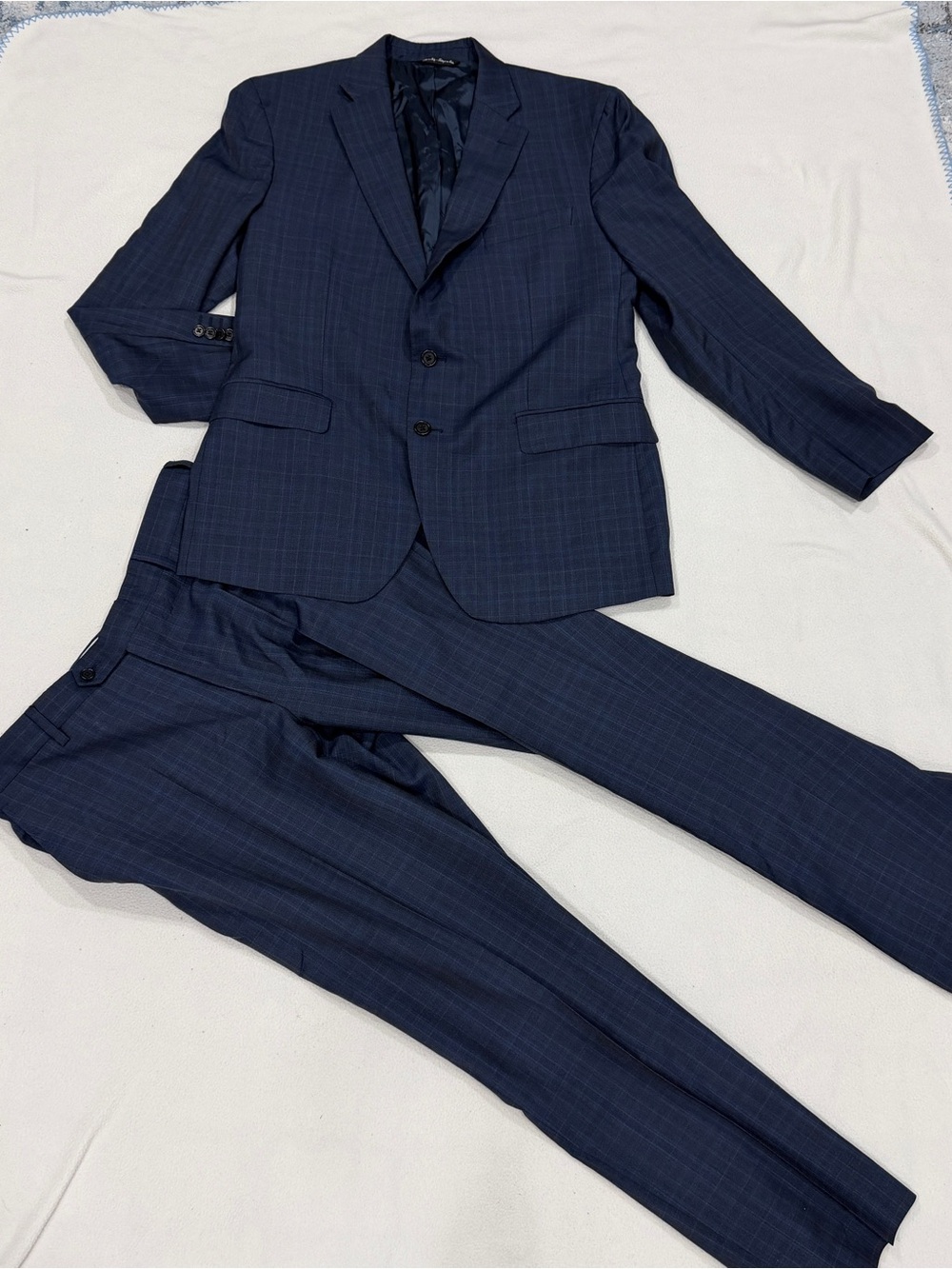 Saks Fifth Avenue Italy 44R 34x27 Blue Plaid 2 Piece Suit Ermenegildo Zegna Wool